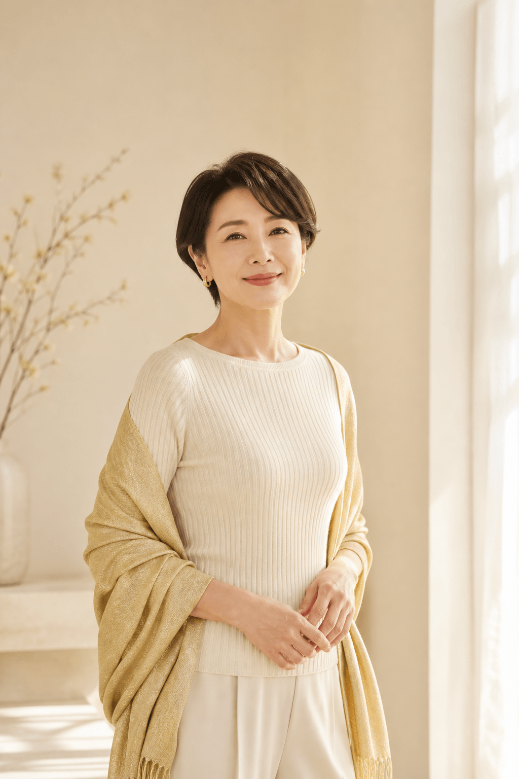 朝の光の中、自分らしく生きる女性。美しさは生き方に宿る