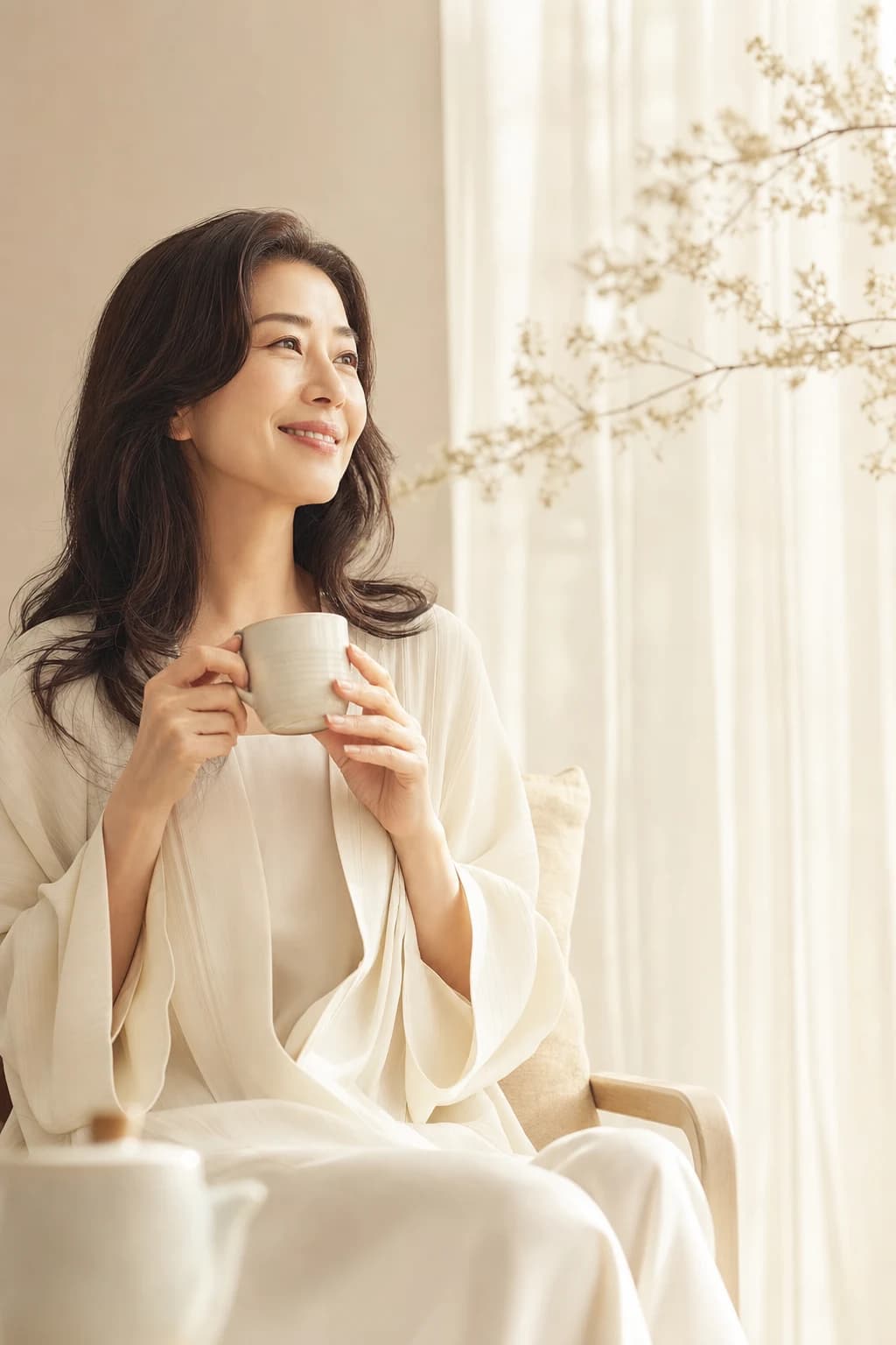 朝の光の中、穏やかに微笑む女性。幸せに生きるための健やかさを象徴するイメージ